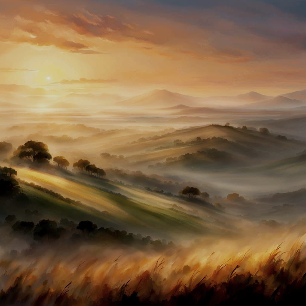 Misty Sunrise Over Hilltop Landscape