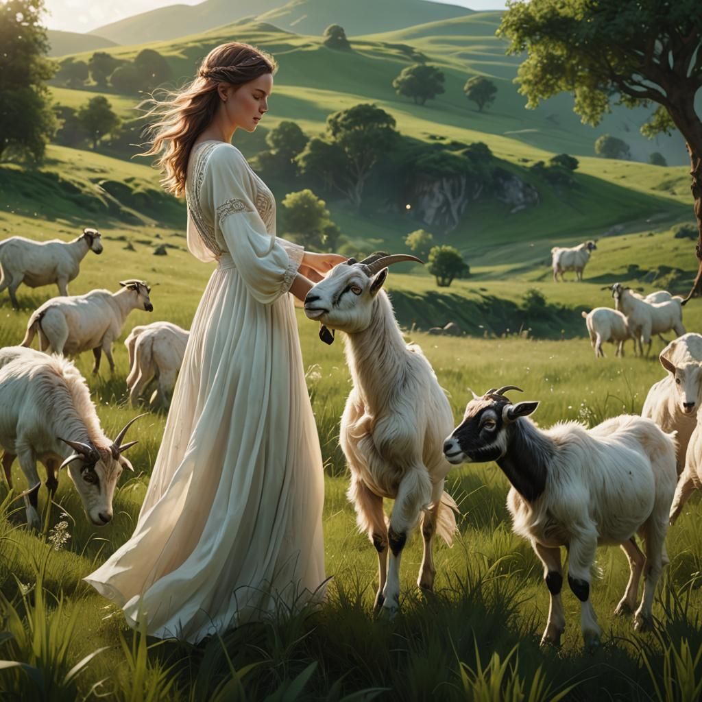 Woman and Goat in Sunlit Field, Fantasy Art