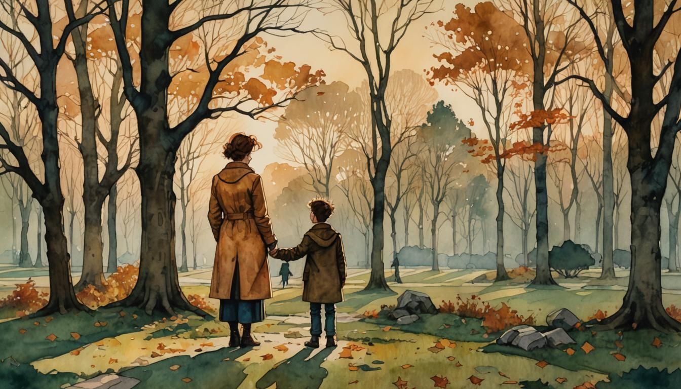 Mother and Son in Park, Watercolor Comic Art