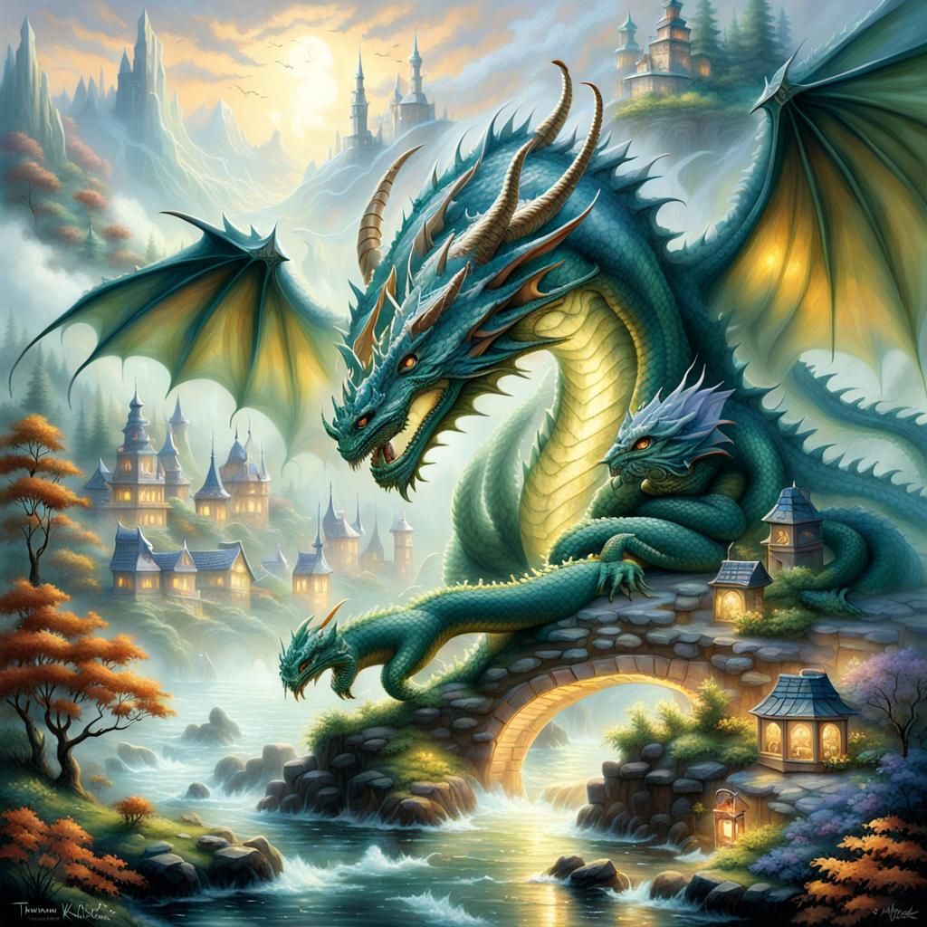 Ethereal Dragons in Misty Fantasy Landscape