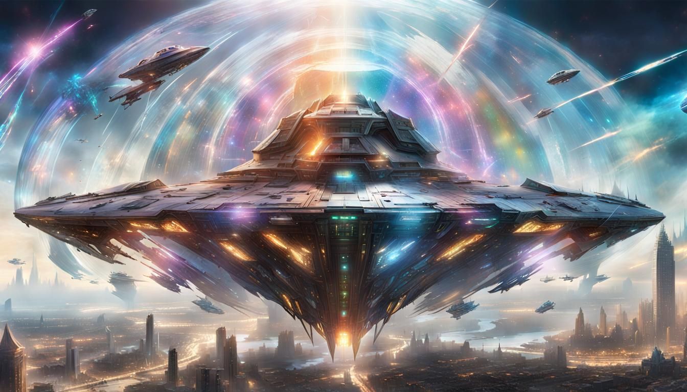 Shielded Starship Under Attack Over Futuristic City