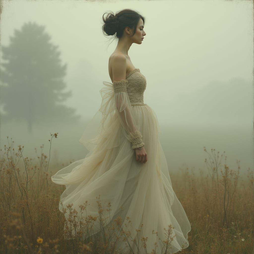 Elegant Figure in Misty Landscape, Art Nouveau Style