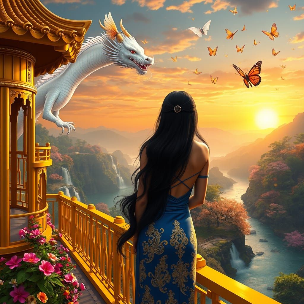 Indian Woman on Chinese Pavilion Balcony with Dragon