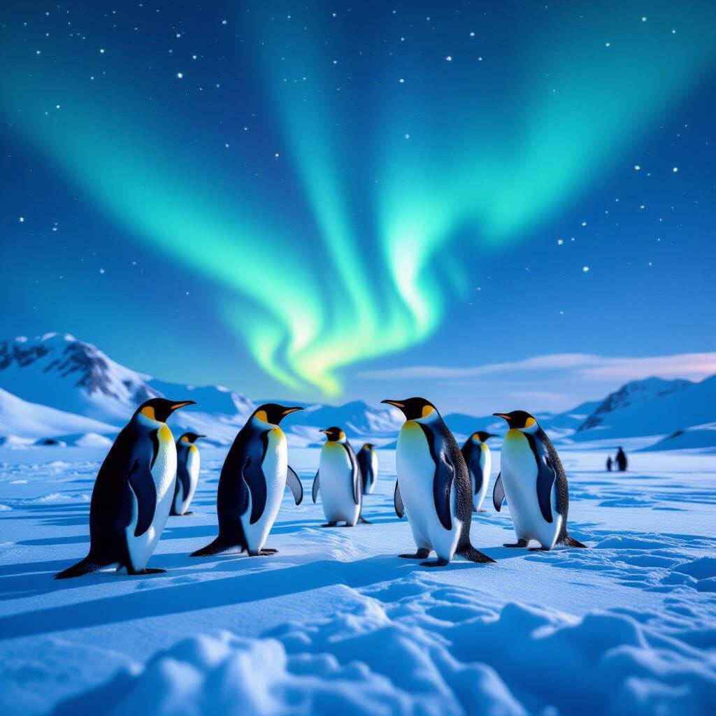 Joyful Penguins Under Aurora Borealis in Cinematic Style