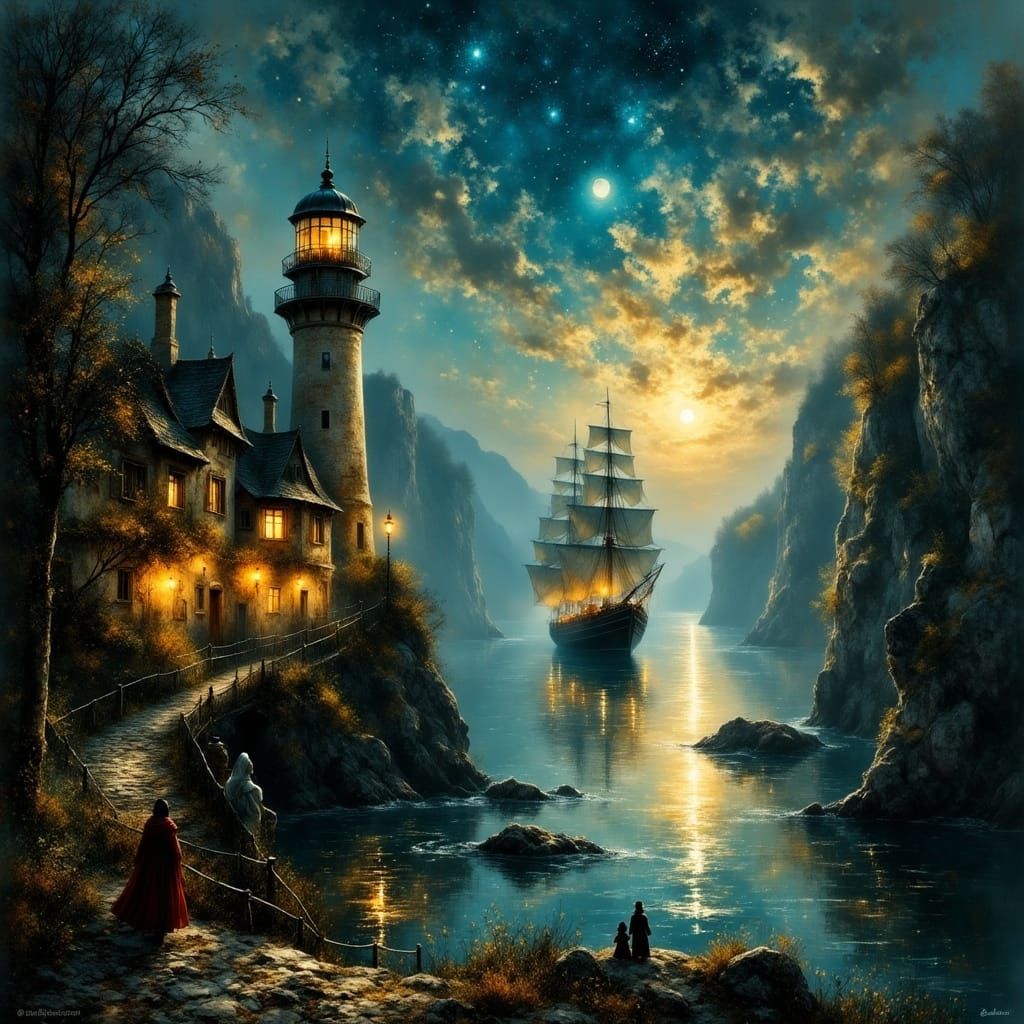 Medieval Village on Cliffs with Glowing Ship