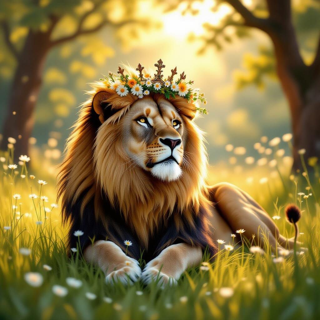 Majestic Lion with Wildflower Crown in Sun-Dappled Meadow