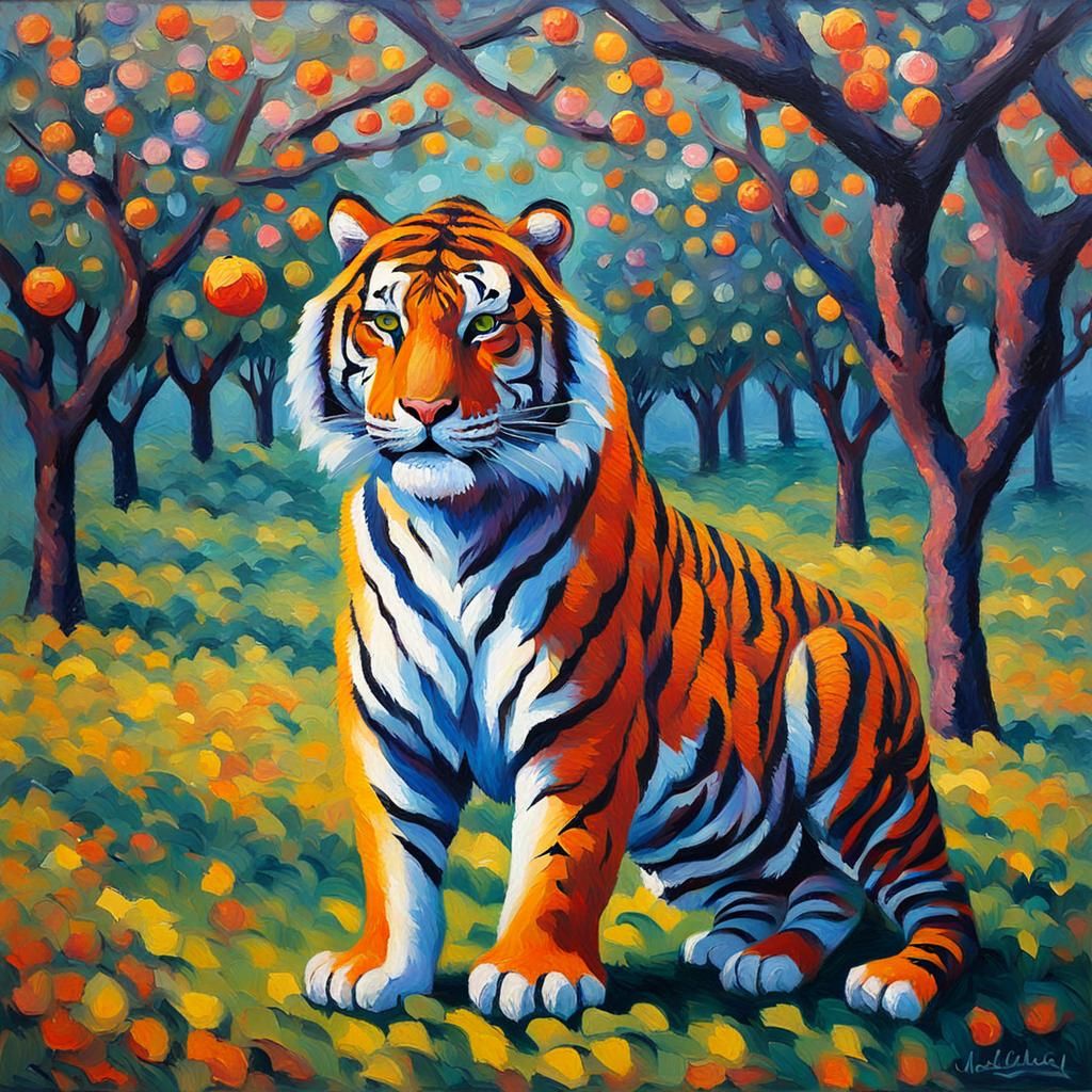 Tiger in Orchard: Neo-Impressionist Oil Painting