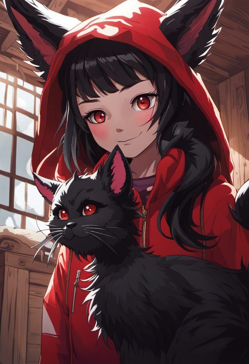 Girl with Devil Horns and Lykoi Cat