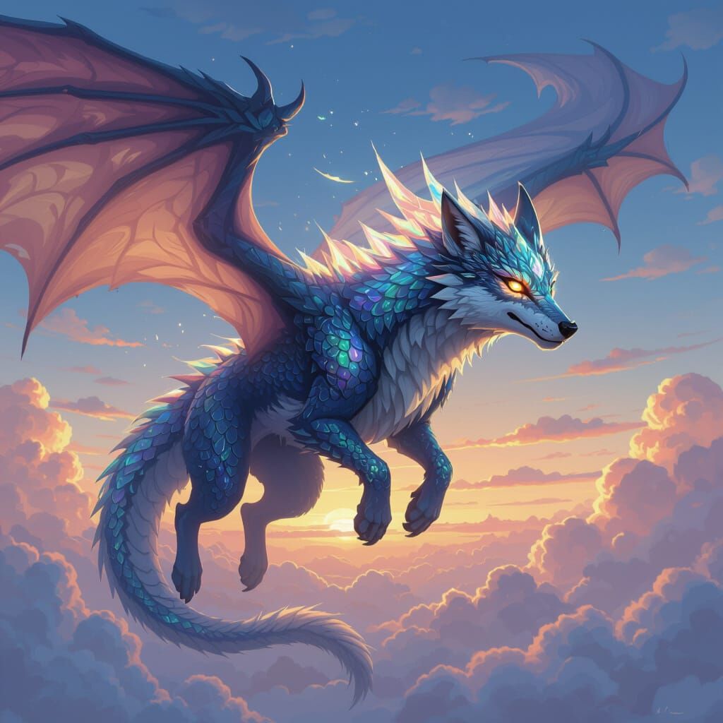 Wolf Dragon Soaring in Twilight Sky