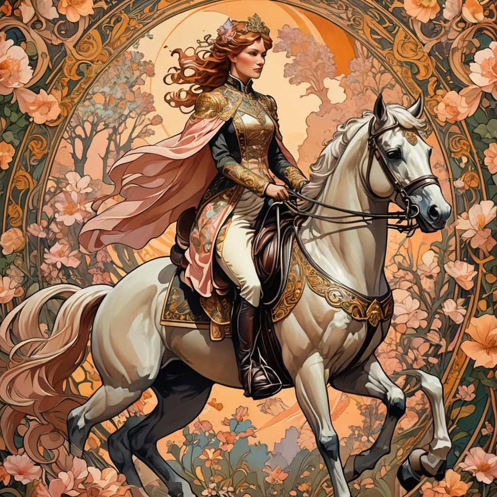 Lady on Horse in Art Nouveau Style
