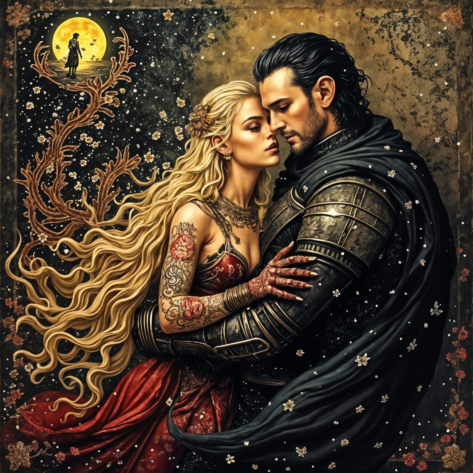 Armored Lovers Embrace in Dark Fantasy Style
