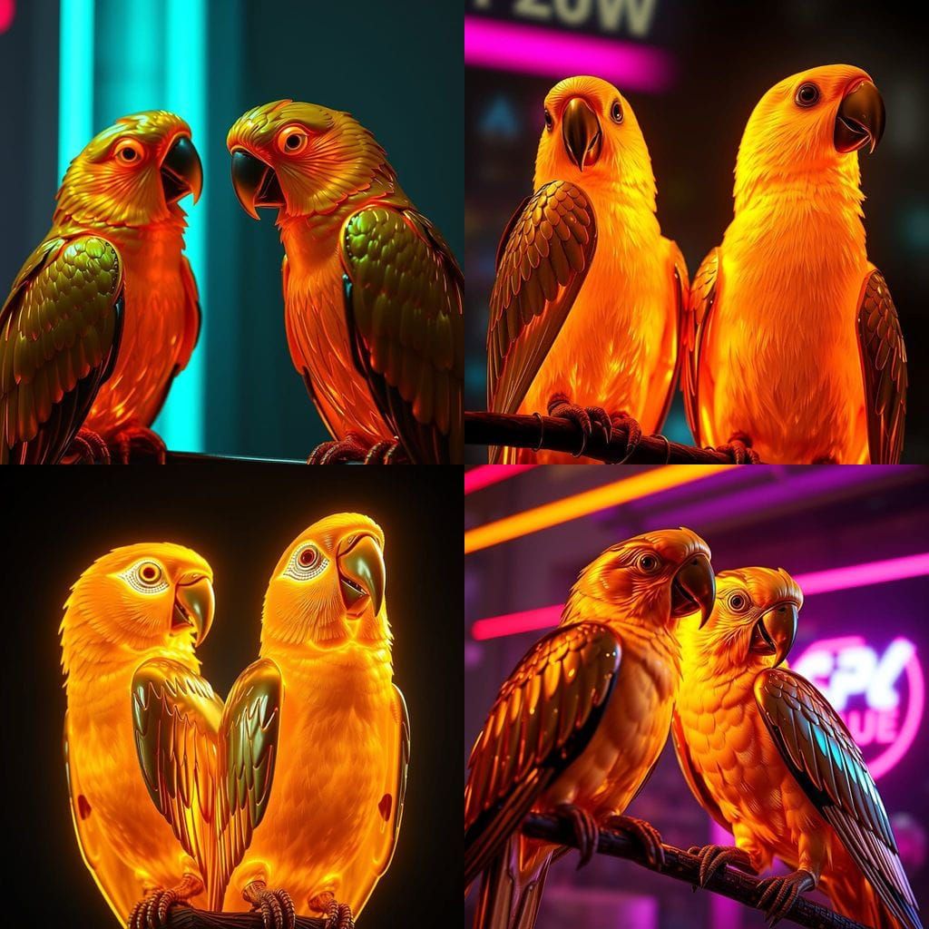 Metallic Gold Parrots in Neon Cyberpunk Style