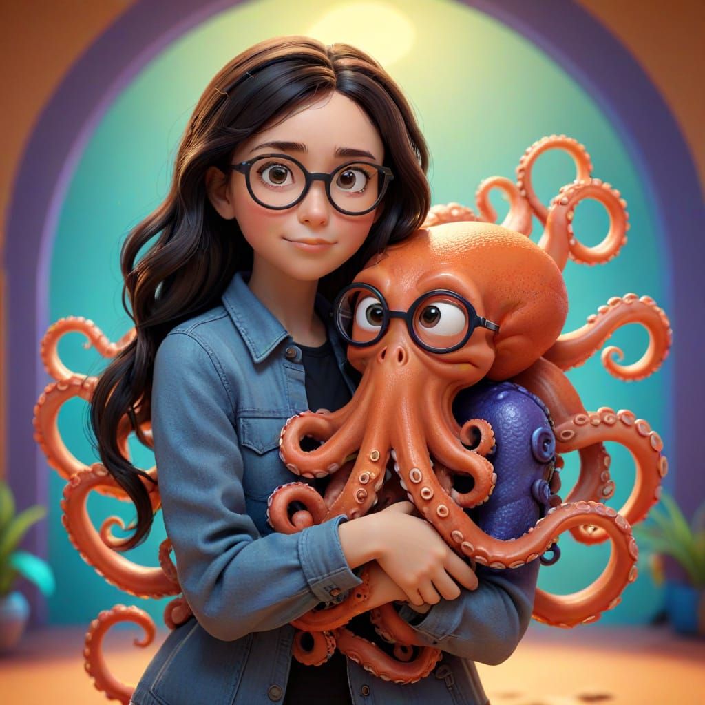 Woman Hugging Octopus in Pixar-Style 3D Digital Art
