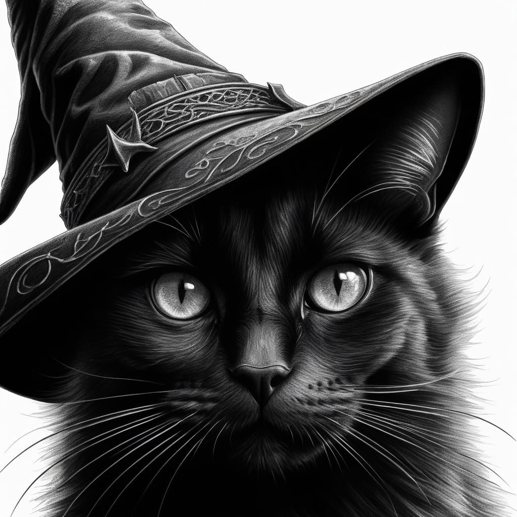 Gothic Cat Portrait in Pencil Drawing Style