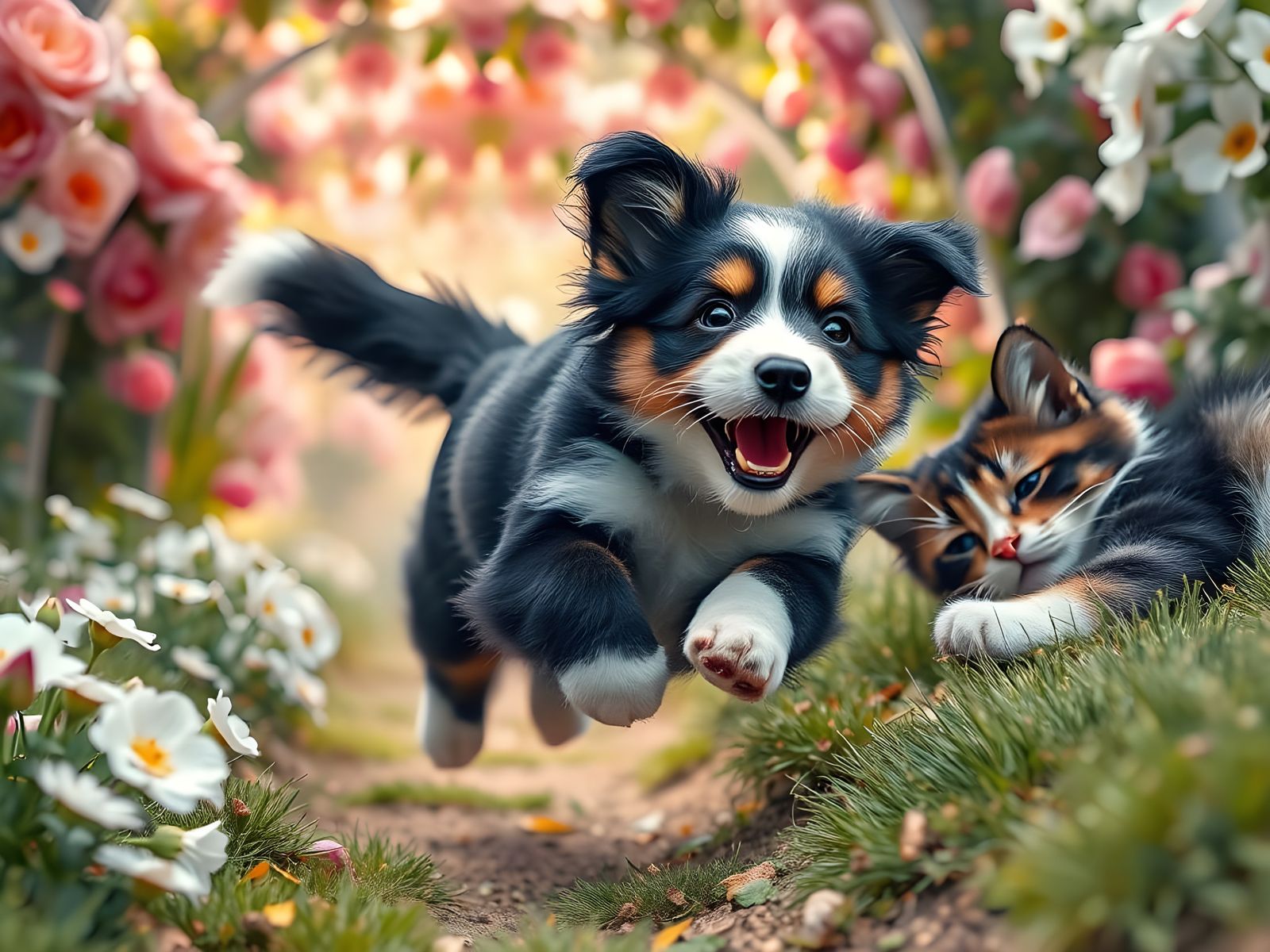 Joyful Bearded Collie Puppy in Vibrant Spring Garden Splash ...