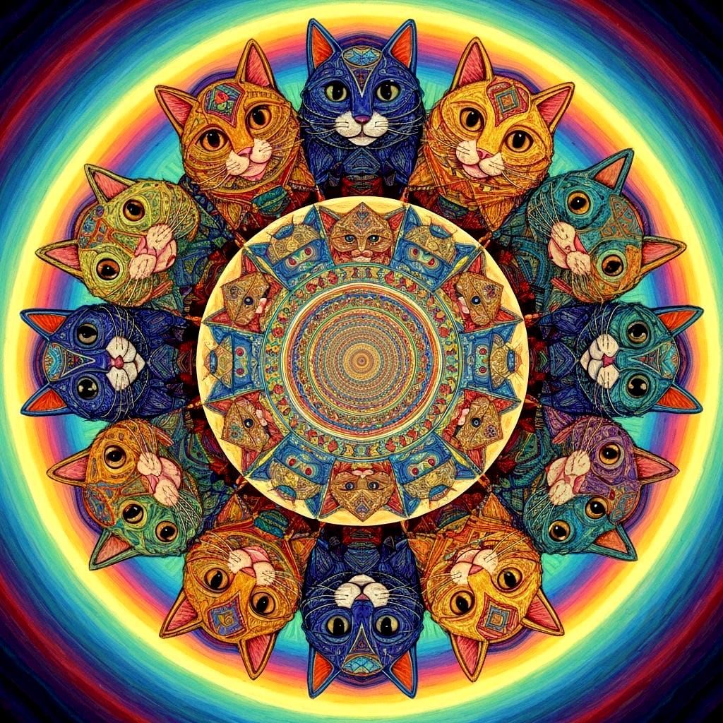Kaleidoscope of Colorful Geometric Cats in Psychedelic Art