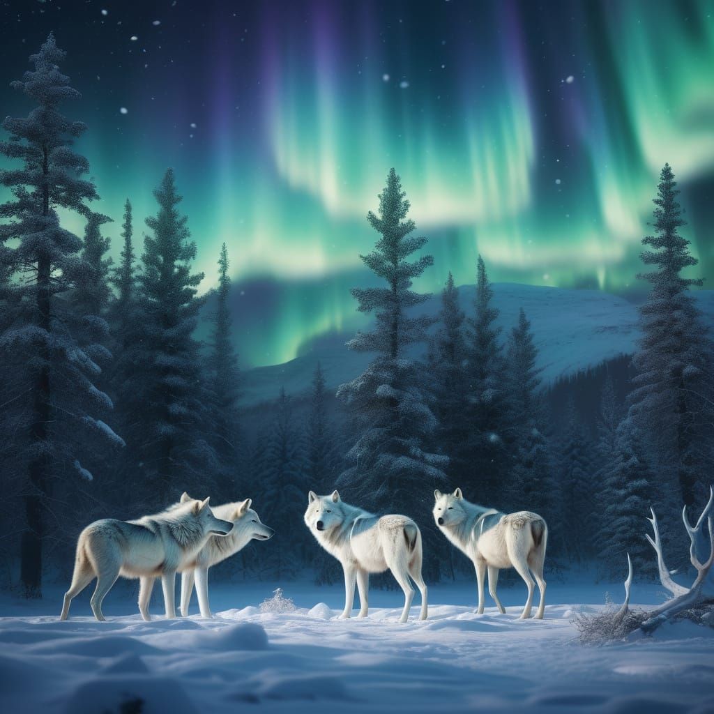 Arctic Wolves and Moose Under Northern Lights