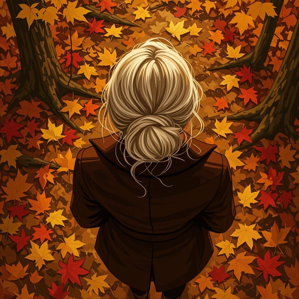 Autumn Forest Girl in Dark Coat, High Angle View