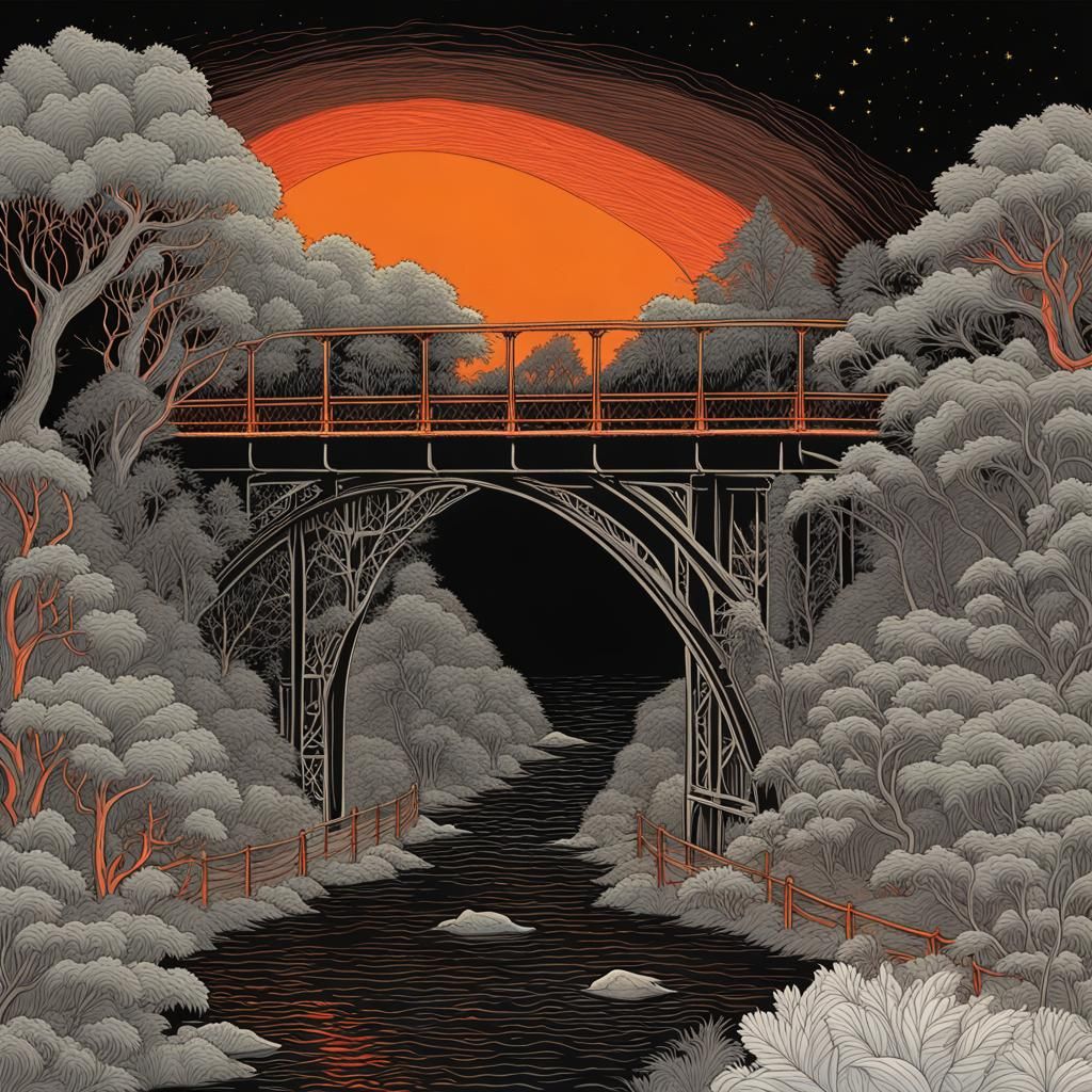 Eerie Mountain Bridge in Graphic Novel Style