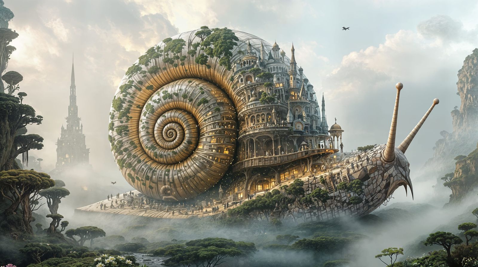 Gigantic Snail Supports Futuristic Metropolis within Ancient...