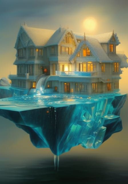 Glass Villa on Iceberg: 3D Render in Acrylic Style