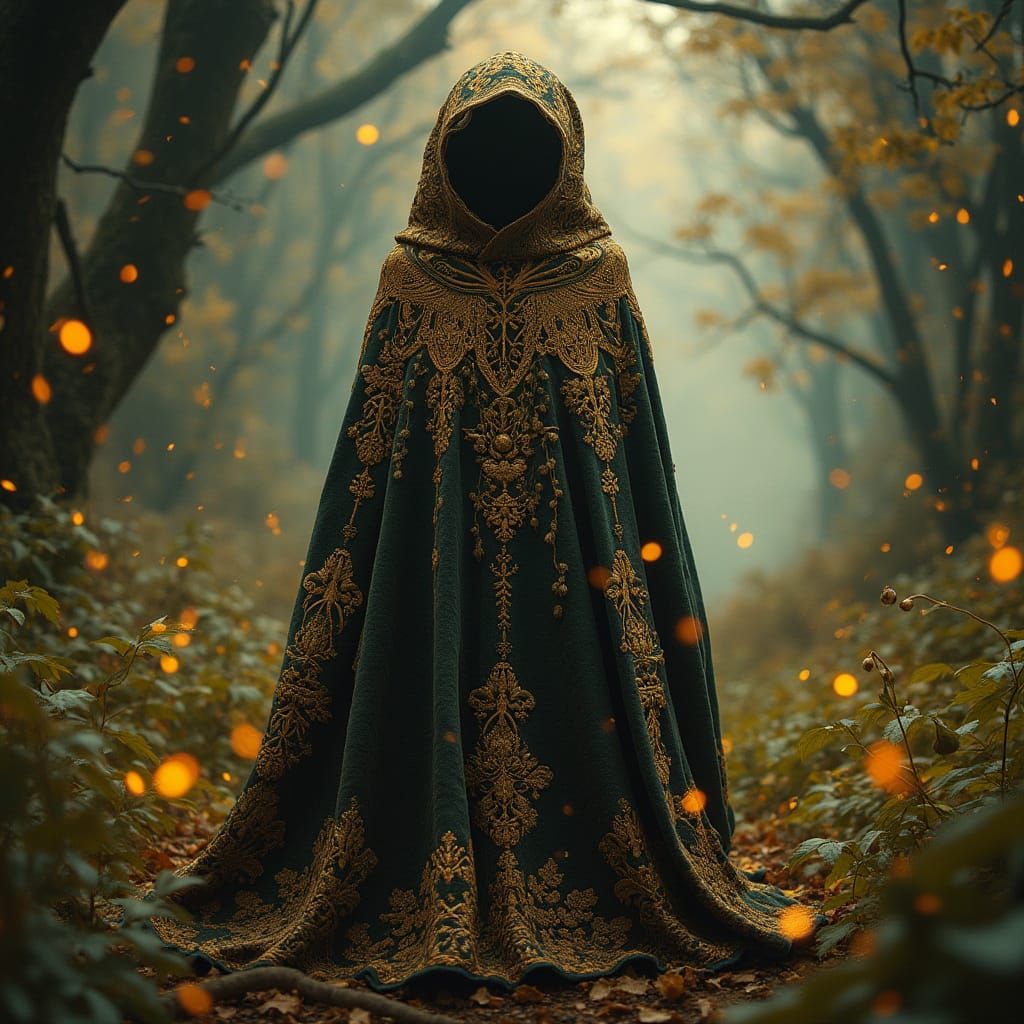 Whimsical Embroidered Cape in Enchanted Forest Setting