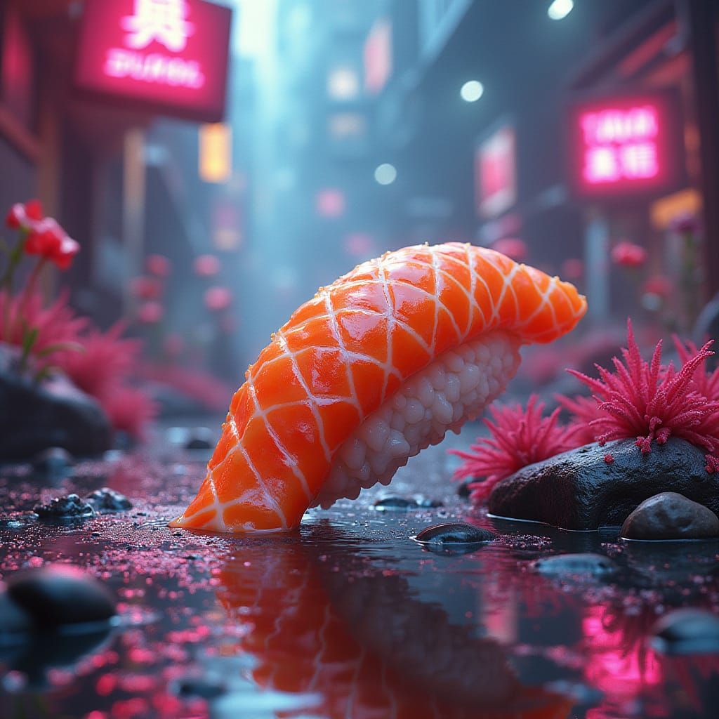 Futuristic Sushi in a Neon Dystopia: 3D Graphics