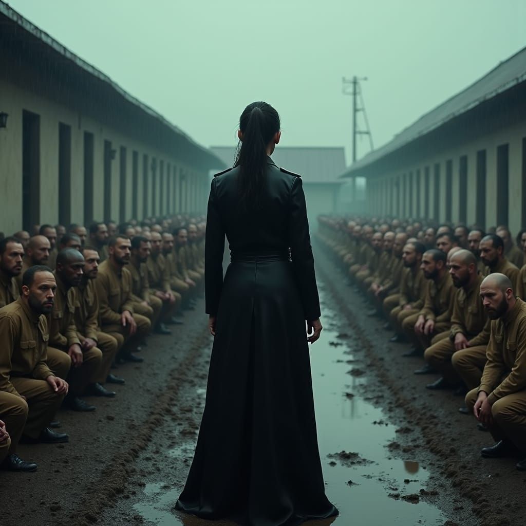 Authoritative Governess Addresses Inmates in Bleak Prison Ya...