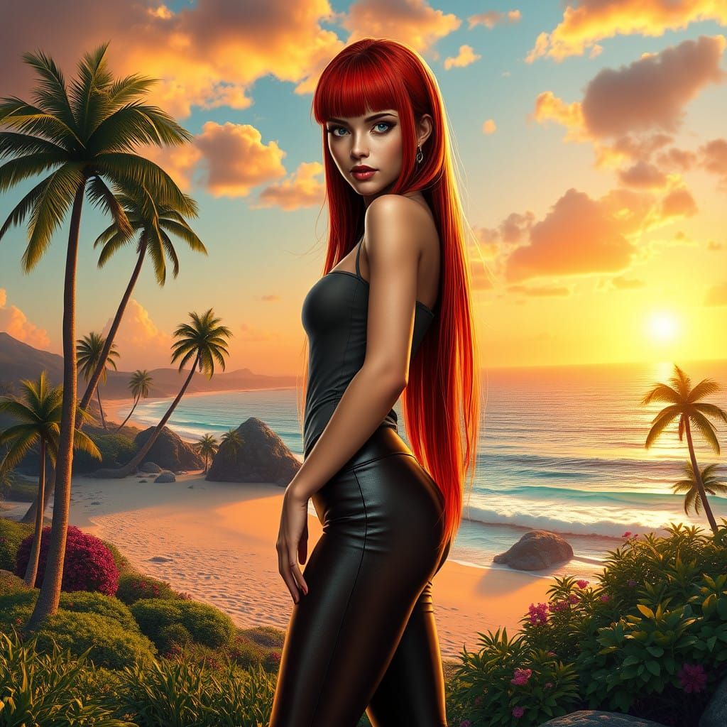 Elegant Woman in Vibrant Beach Landscape