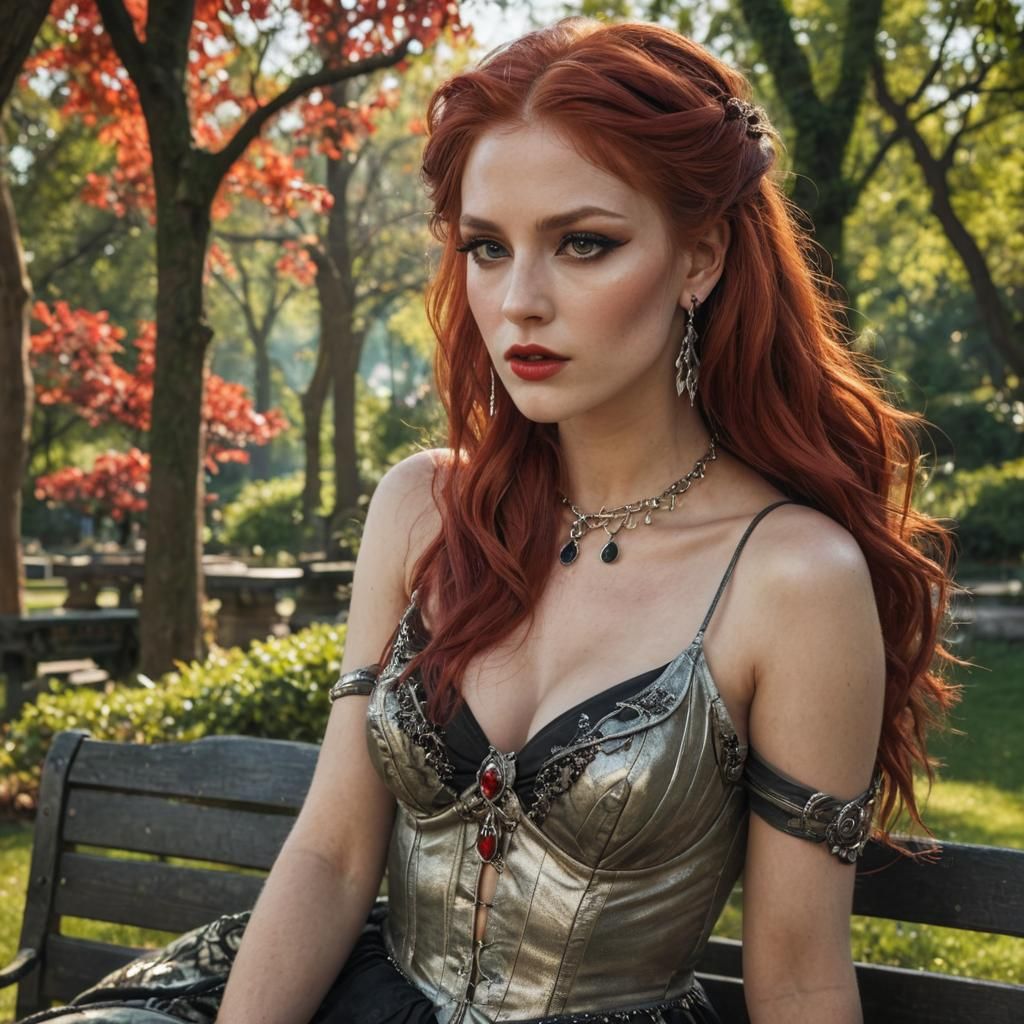 Goddess with Red Hair in Park, Fantasy Art