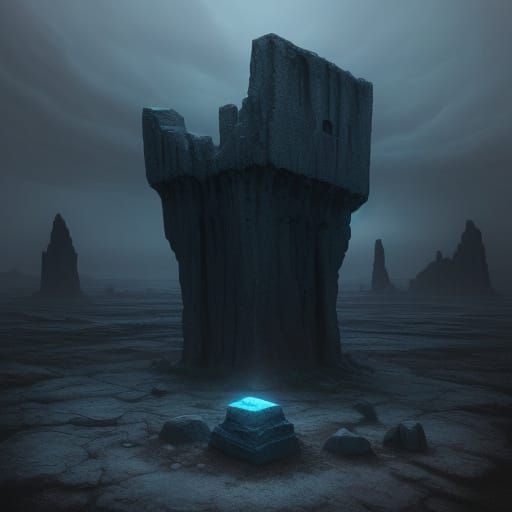 Mysterious Stone in Desolate Landscape Oil Painting