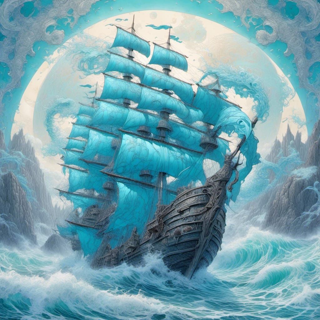 Ship and Isle Under Fractal Moon in Digital Art