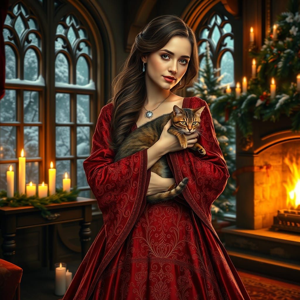 Elegant Lady Adorns Christmas with Intricate Velvet Dress an...