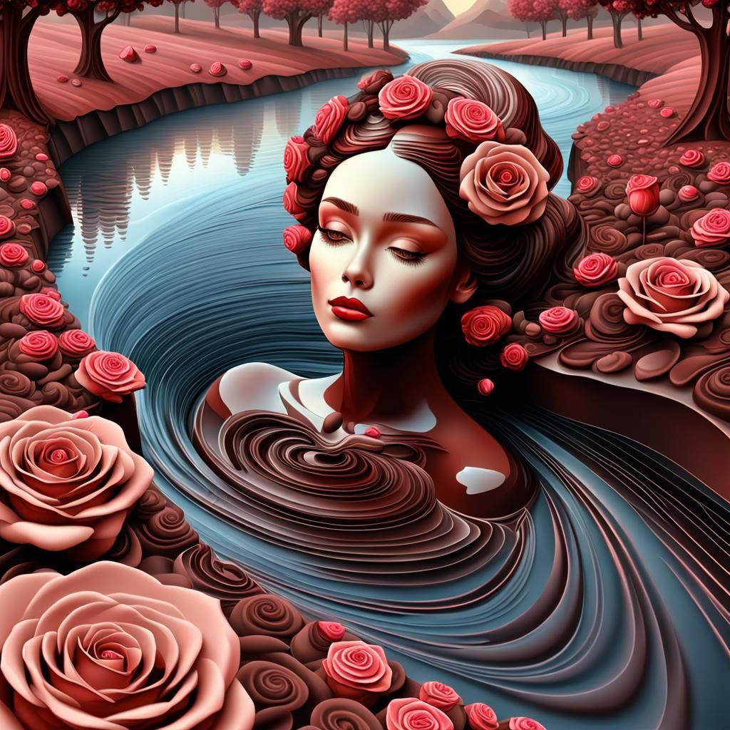 Romantic Chocolate River Landscape with Velvet Roses