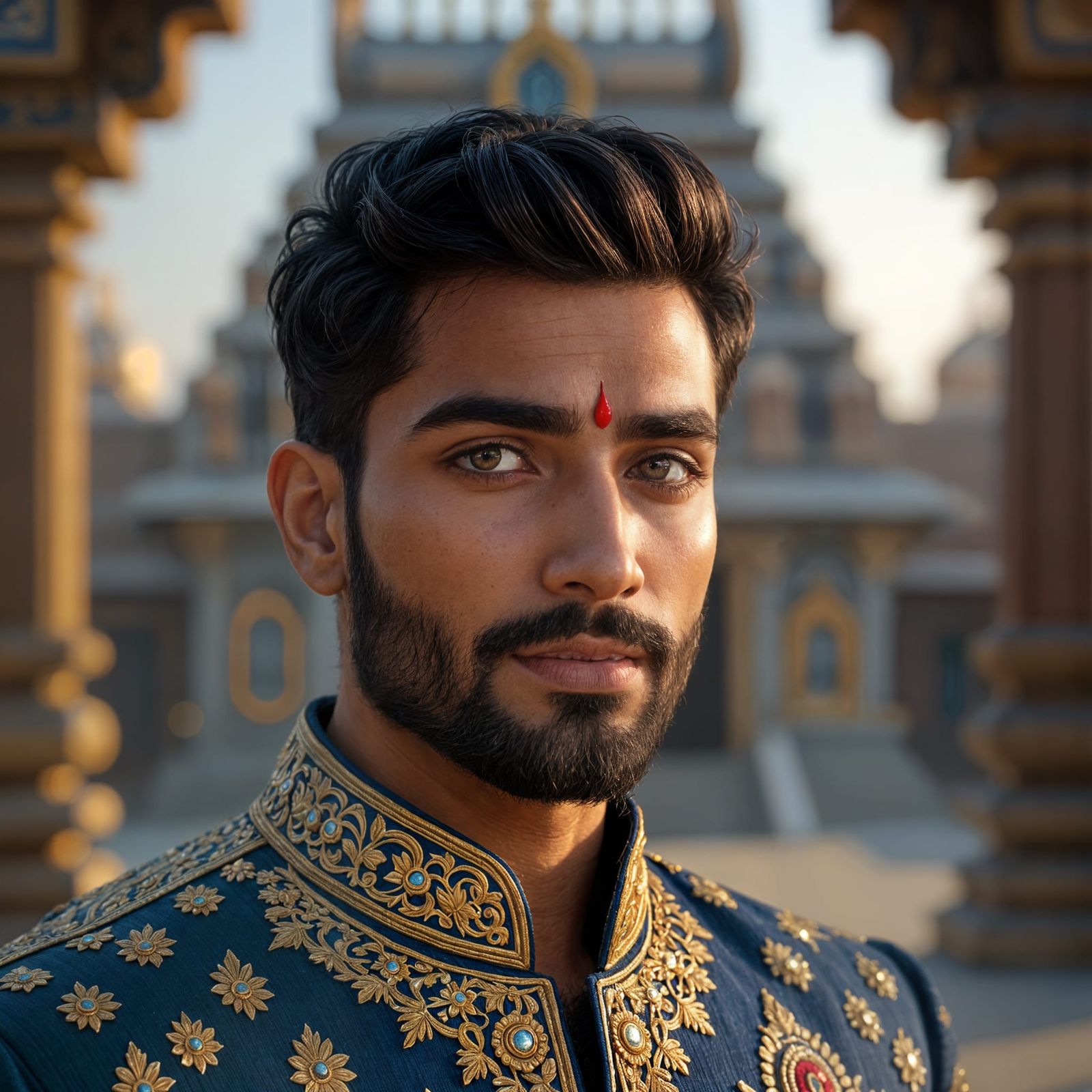 Indian Man in Blue Gold Sherwani, Temple Background