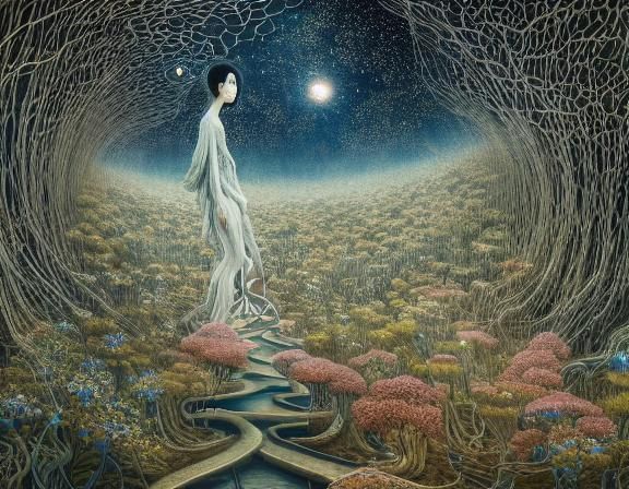 Mystical Figure in Eerie Starry Landscape