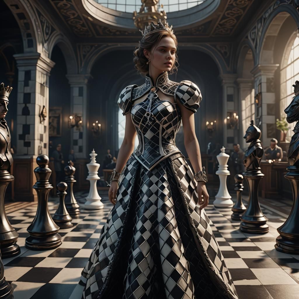 Elegant Woman on Chessboard in 3D Rendered Style