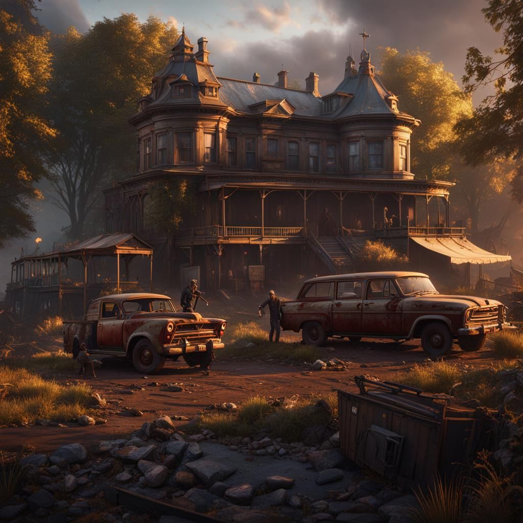 Surreal Zombie Apocalypse at Dawn in Detailed Matte Painting...