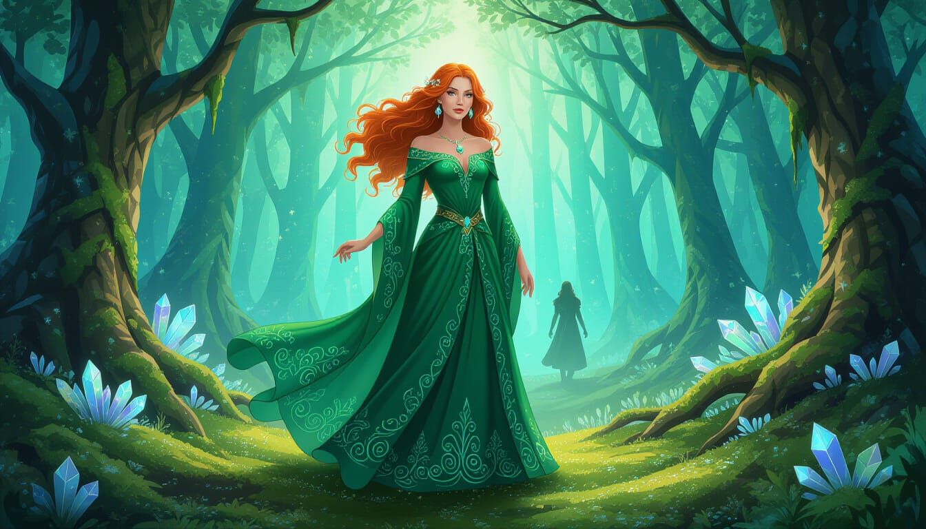 Radiant Woman in Mystical Forest with Emerald Gown