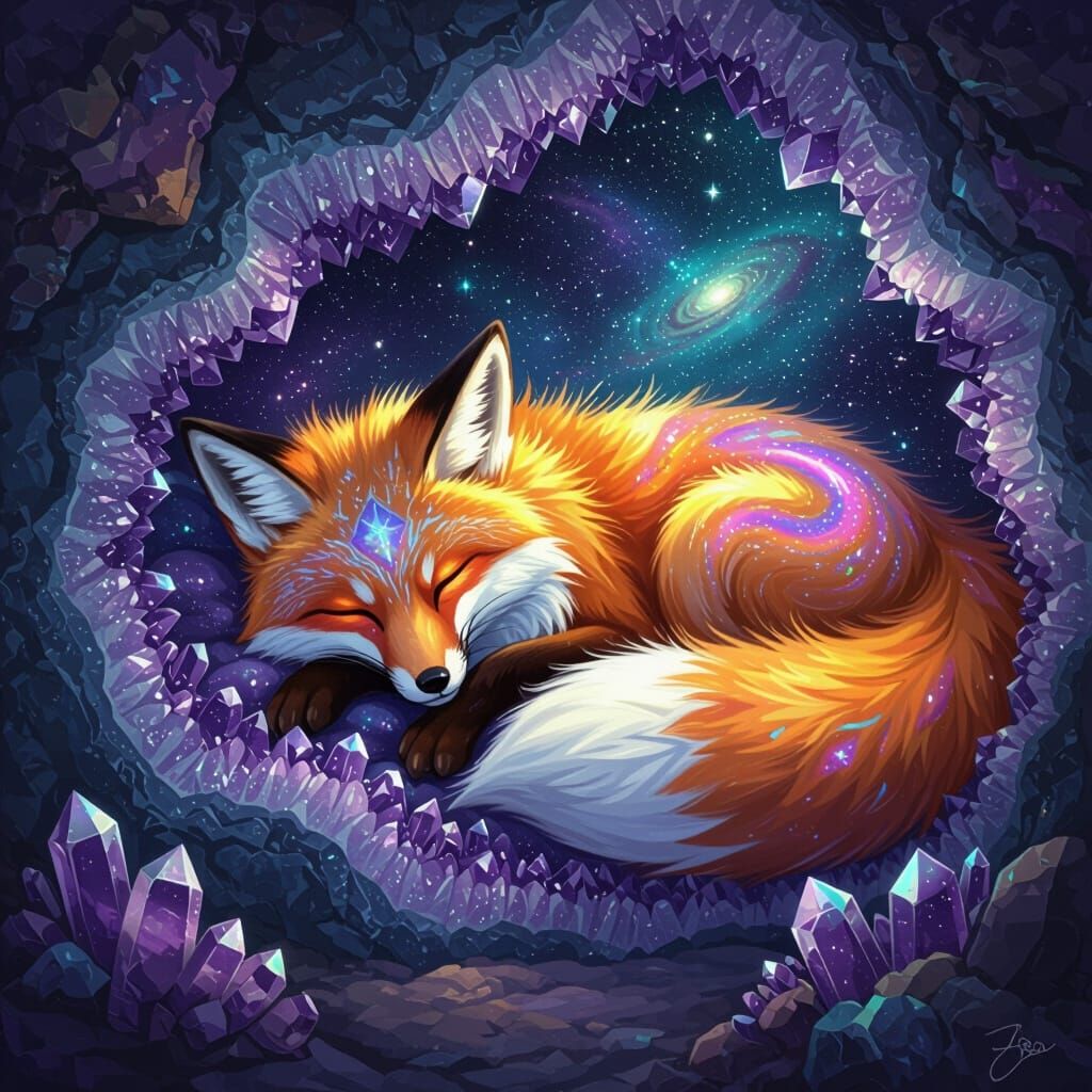 Celestial Fox Asleep in Crystal Geode