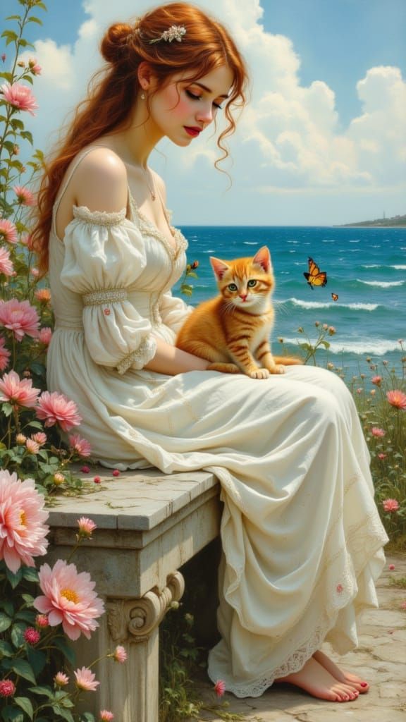 Alma Tadema Style Oil Painting of Woman with Kitten