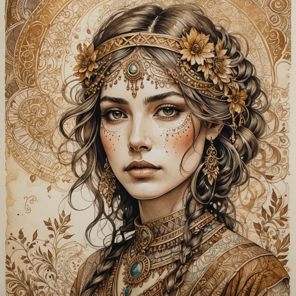 Bohemian Woman Portrait in Pen and Ink