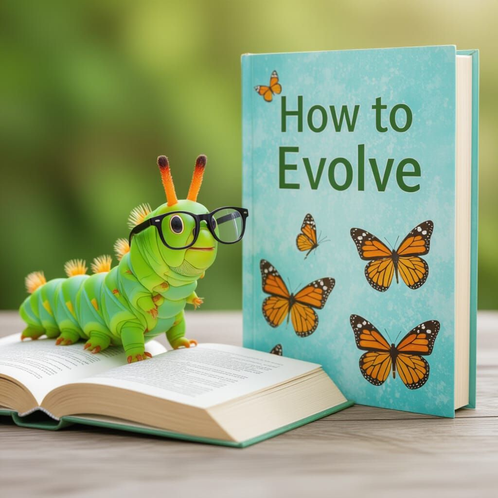 Caterpillar with Reading Glasses Reads 'How to Evolve'