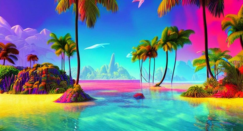Tropical Vacation Landscape: Dreamlike Expressionism
