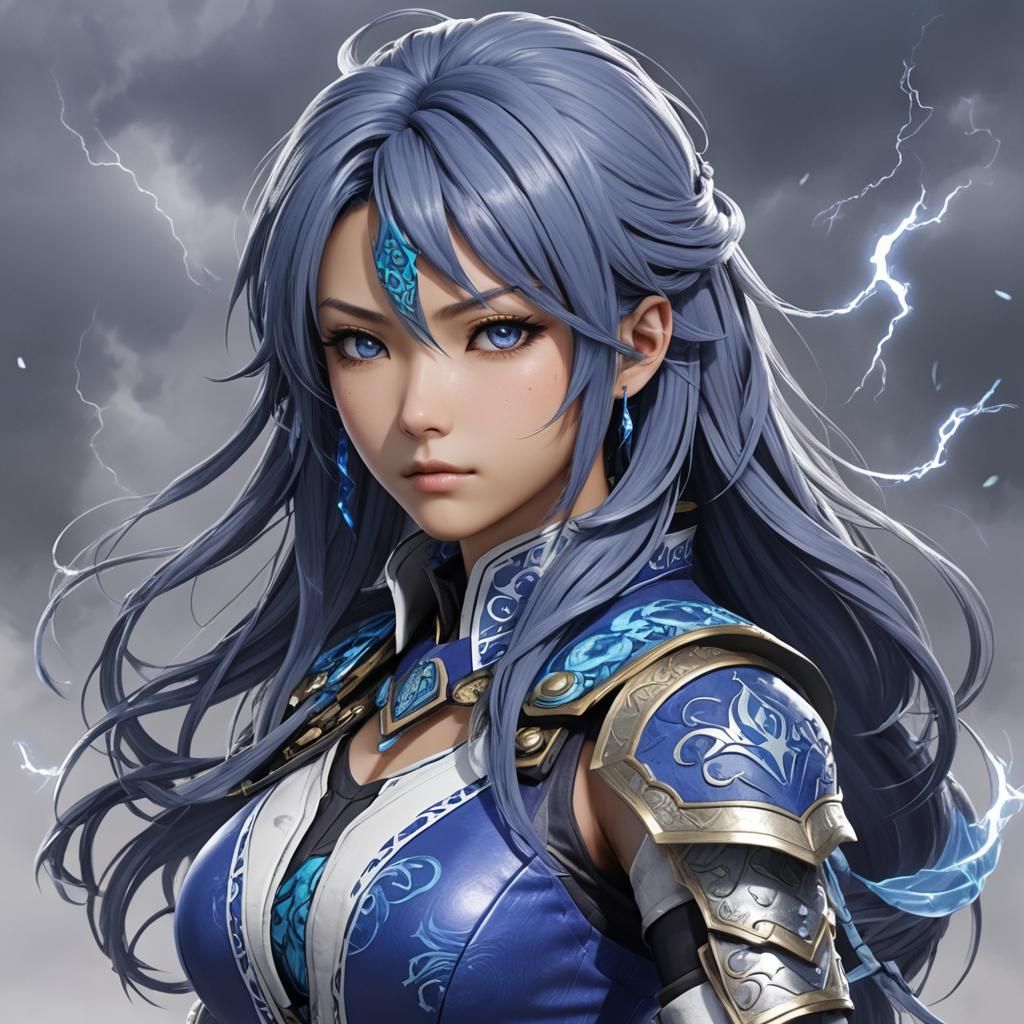 Tempestuous Azure Warrior in Anime Style