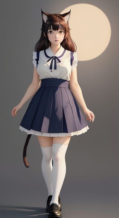 Anime-Inspired Cat Girl in Whimsical Japanese School Uniform