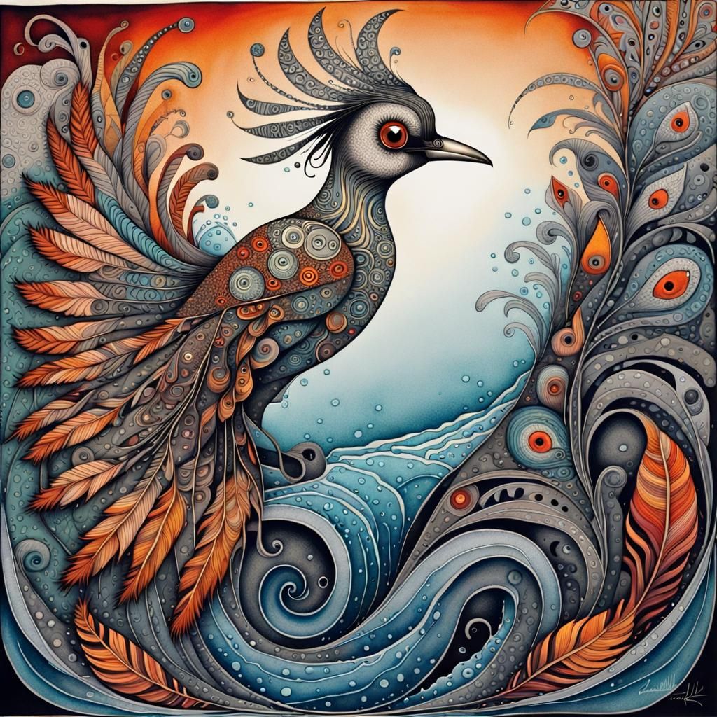 Surreal Bird with Water-to-Fire Feathers