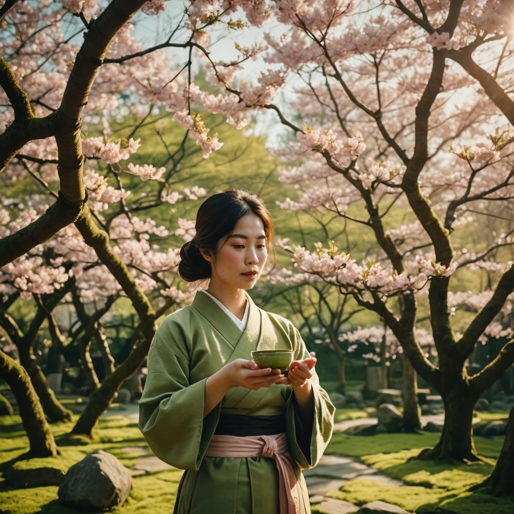 Serene Woman with Matcha Bowl in Japanese Landscape