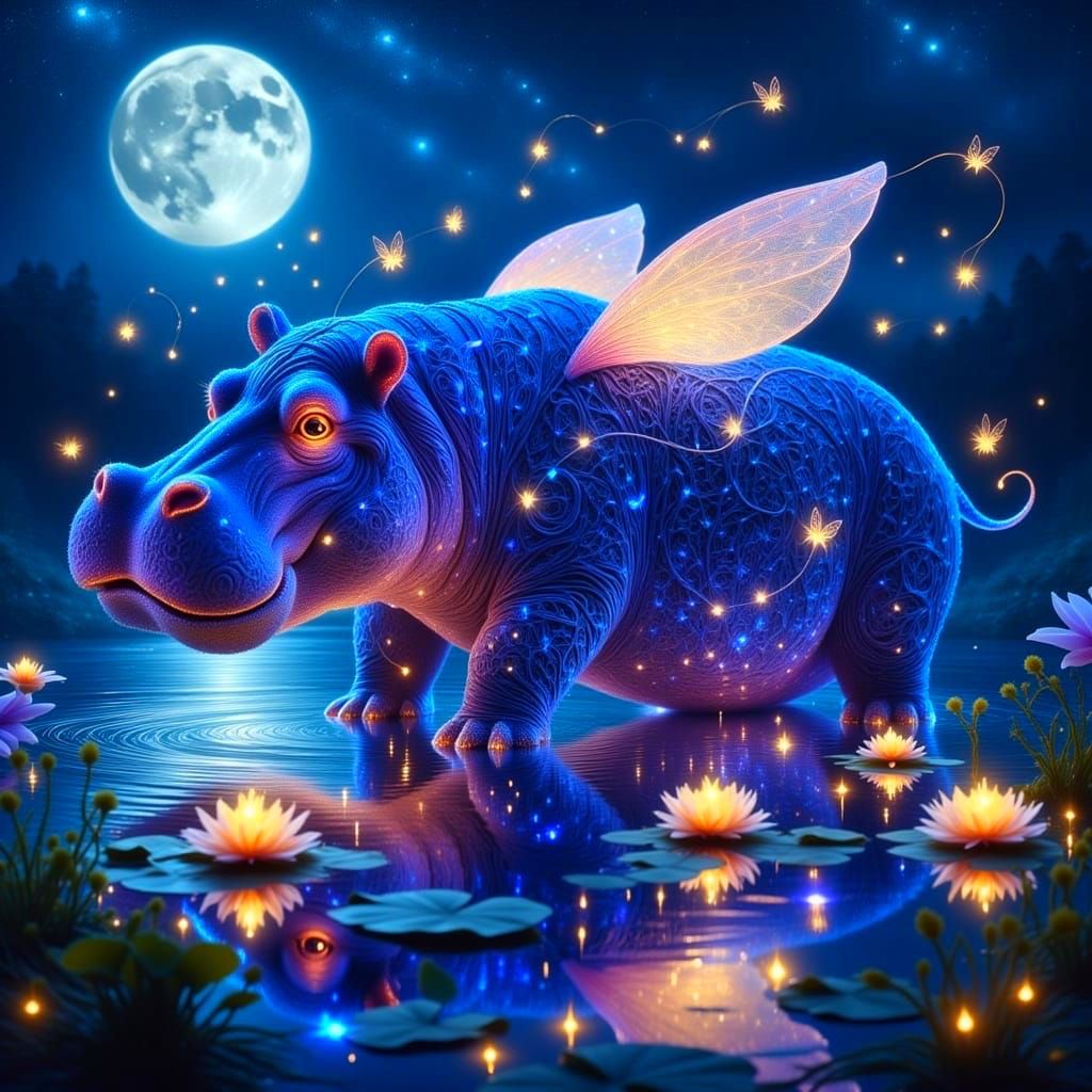 Moonlit Hippo in Whimsical Waterscapes