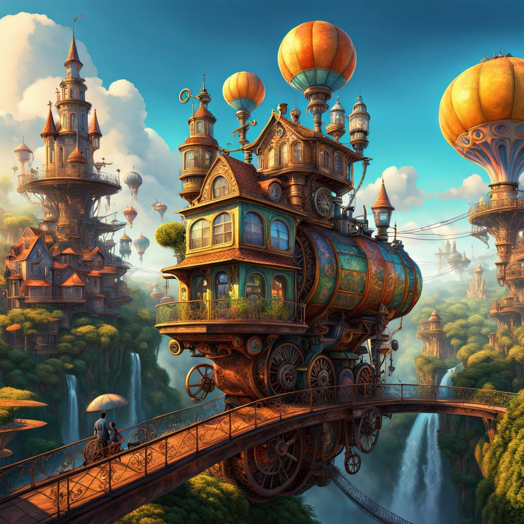 Surreal Sci-Fi Illustration in Whimsical Jungle City